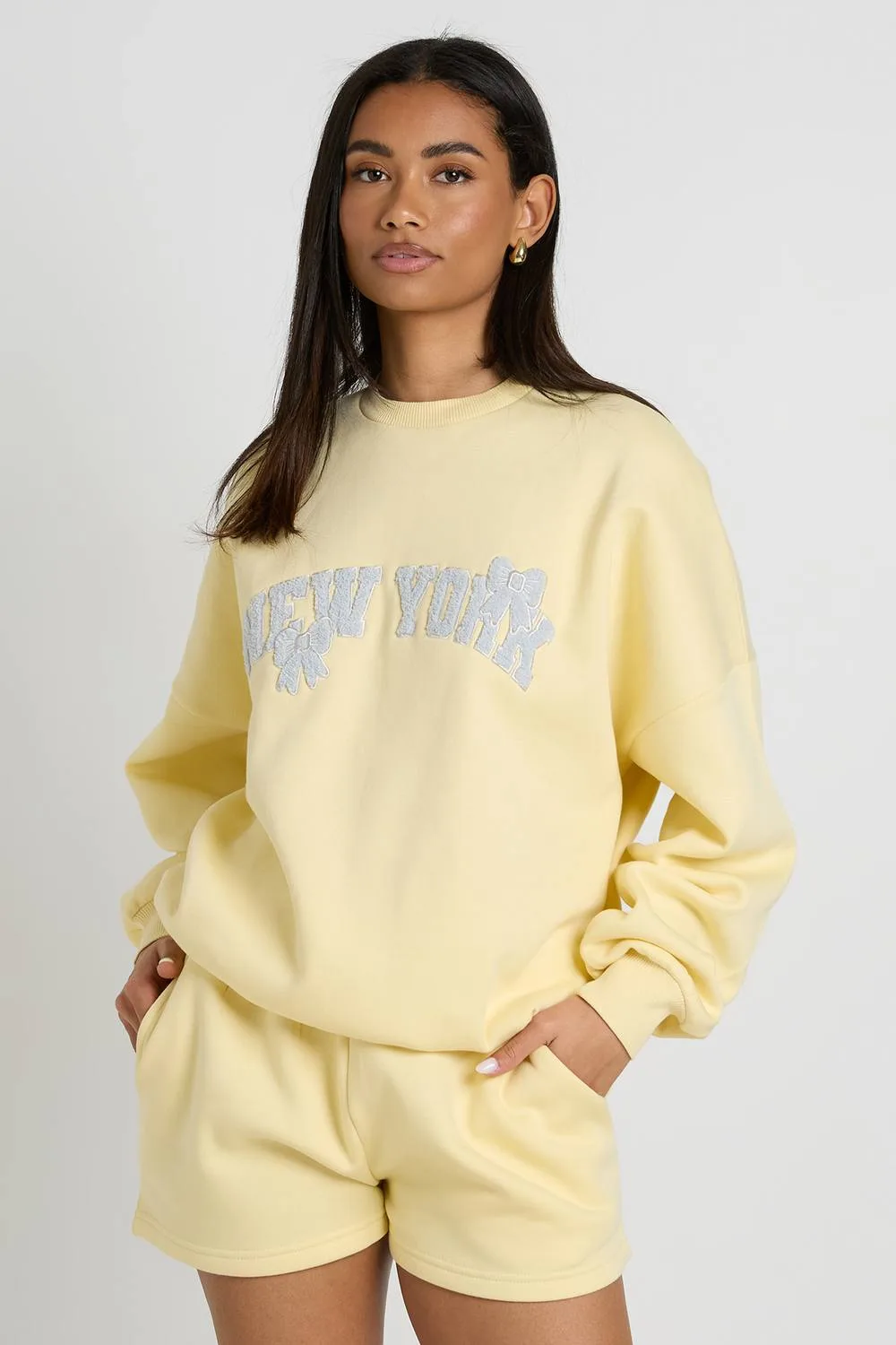 New York Bow Applique Crew Neck Sweatshirt Short Tracksuit by boohoo