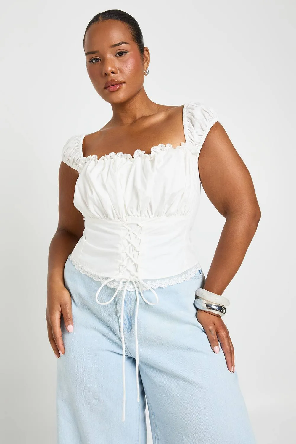 Lace Up Front Ruched Bust Top by boohoo