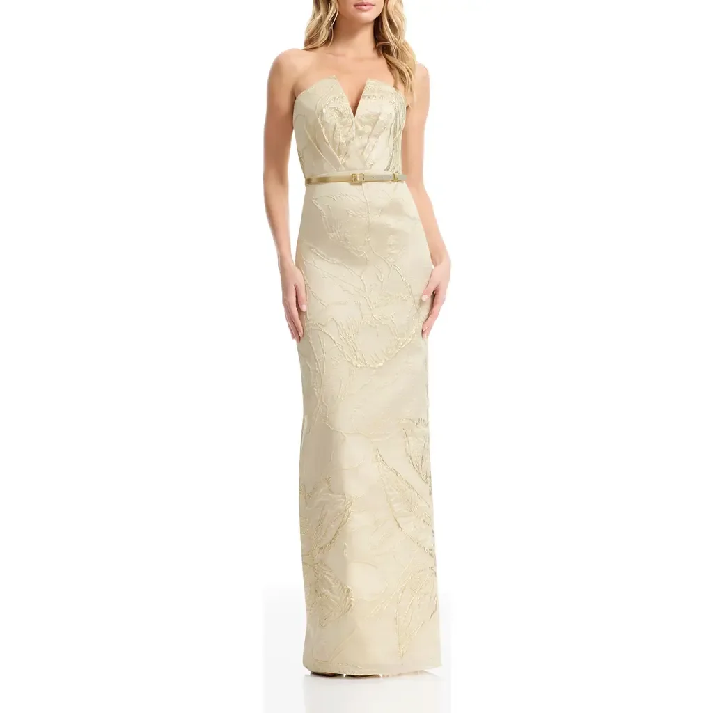 Kahlani Metallic Floral Jacquard Strapless Column Gown by Dress the Population