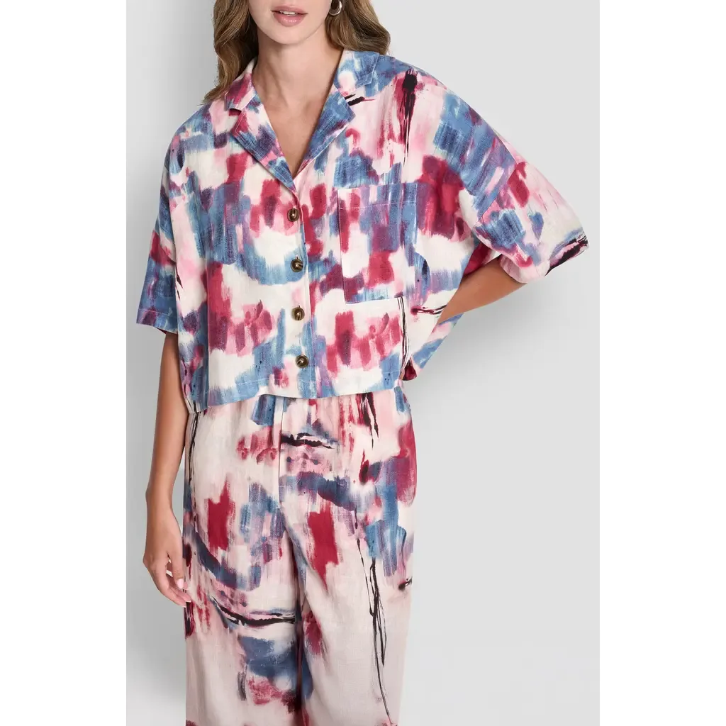 Convertible Collar Linen Button-Up Shirt by DKNY