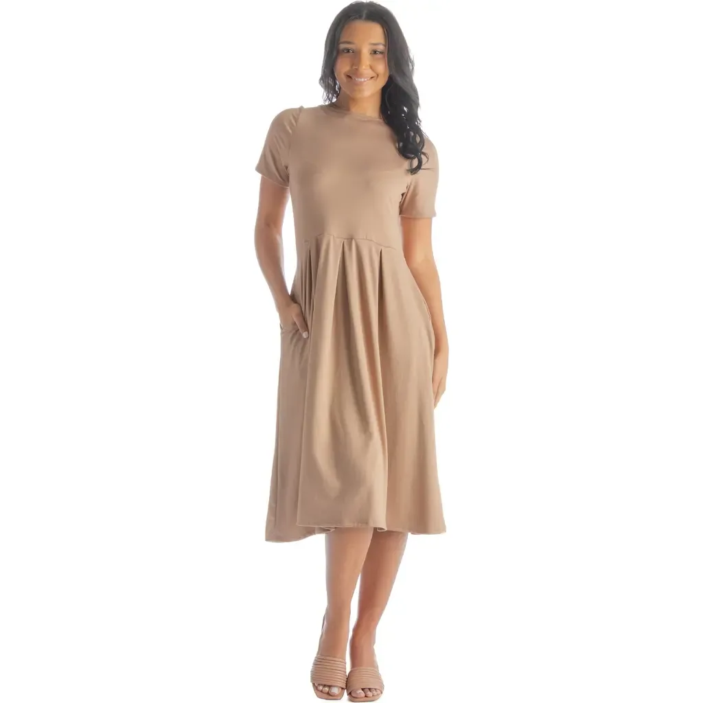 Midi Dress with Short Sleeves and Pocket Detail by 24seven Comfort Apparel