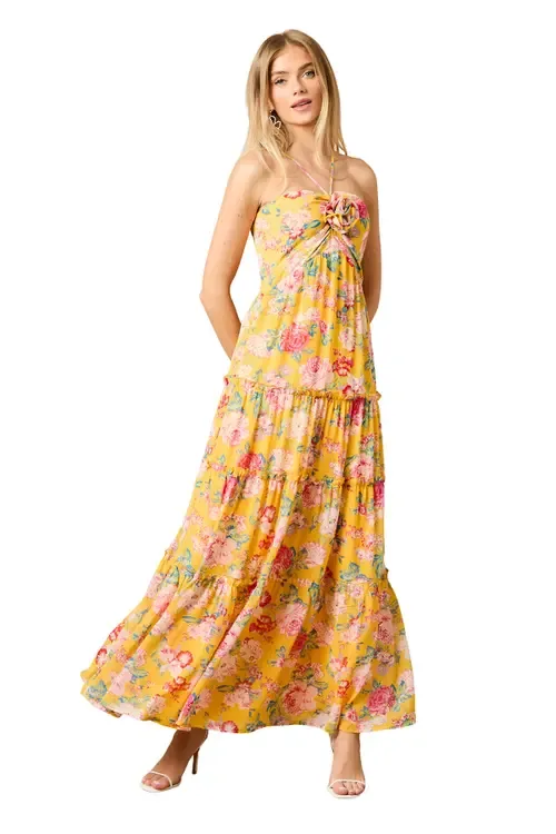 Rosette Detail Halterneck Midi Dress by Oasis