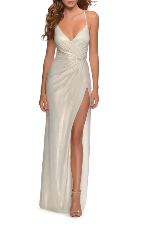 Long Metallic Jersey Prom Dress with Knot Detail by La Femme