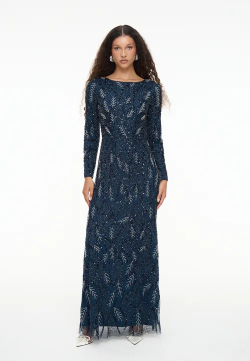Modest Embellished Sequin Beaded Maxi Dress with Detailed Work