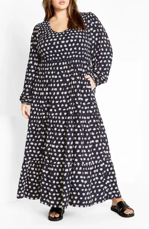 Adley Printed Smocked Bodice Long Sleeve Maxi Dress by City Chic