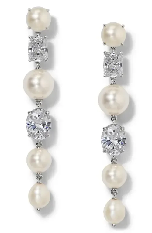 London Cultured Pearl Mixed Linear Drop Earrings in Rhodium by Nadri