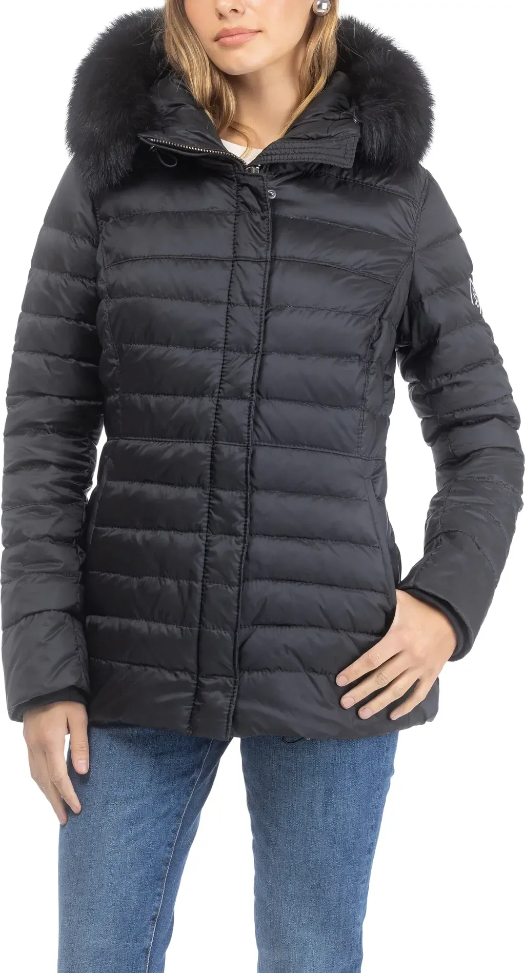 Apres-Ski Horizontal Short Jacket with Detachable Genuine Shearling Hood Trim