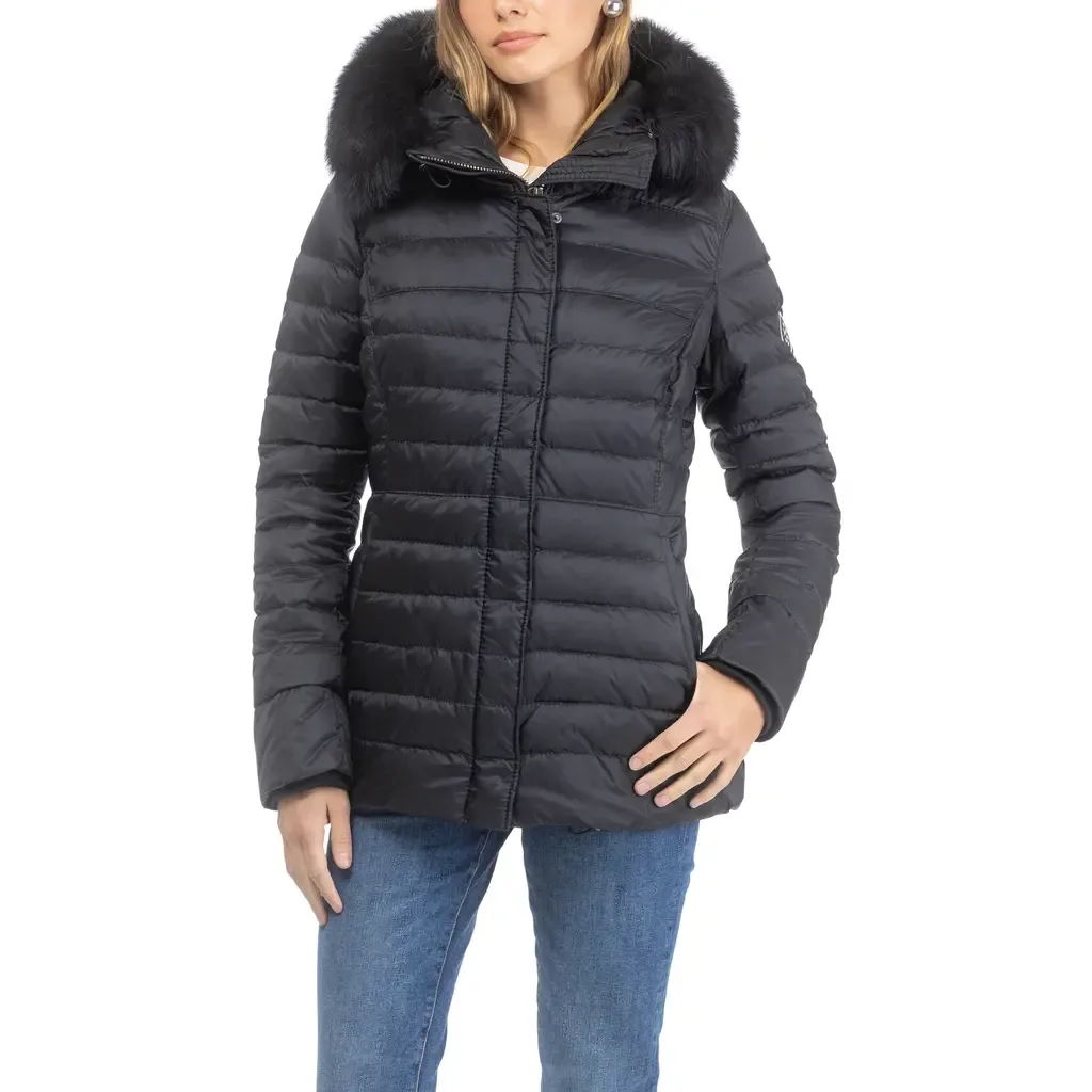 Apres-Ski Horizontal Short Jacket with Detachable Genuine Shearling Hood Trim by GORSKI