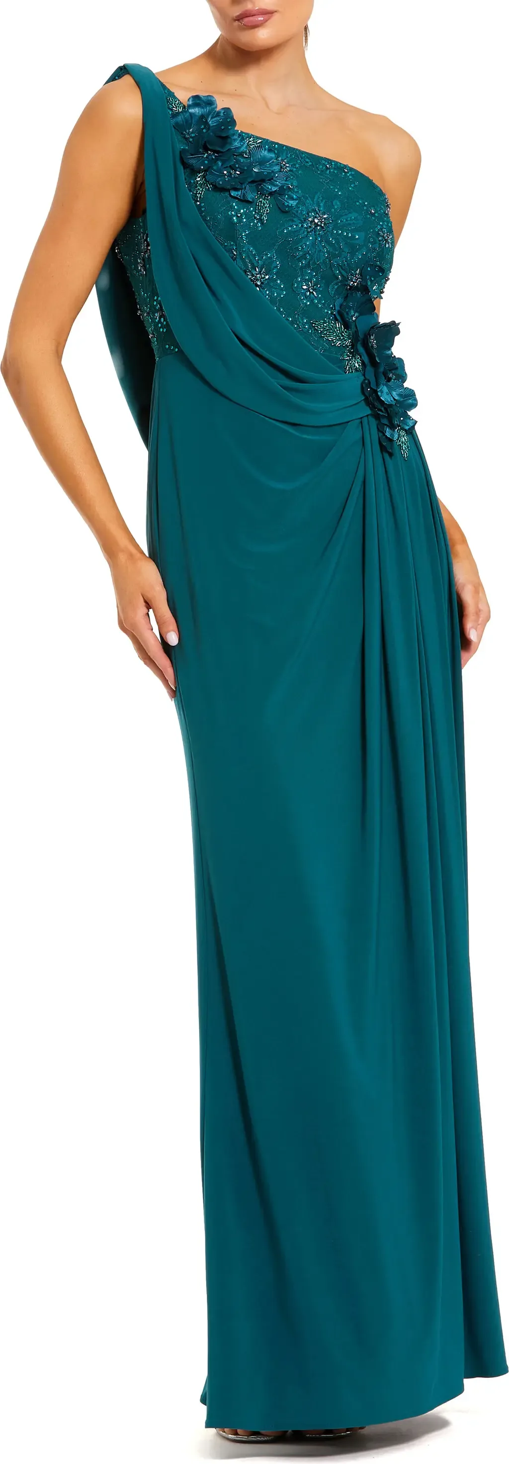 Jersey One Shoulder Cowl Gown with 3D Flowers