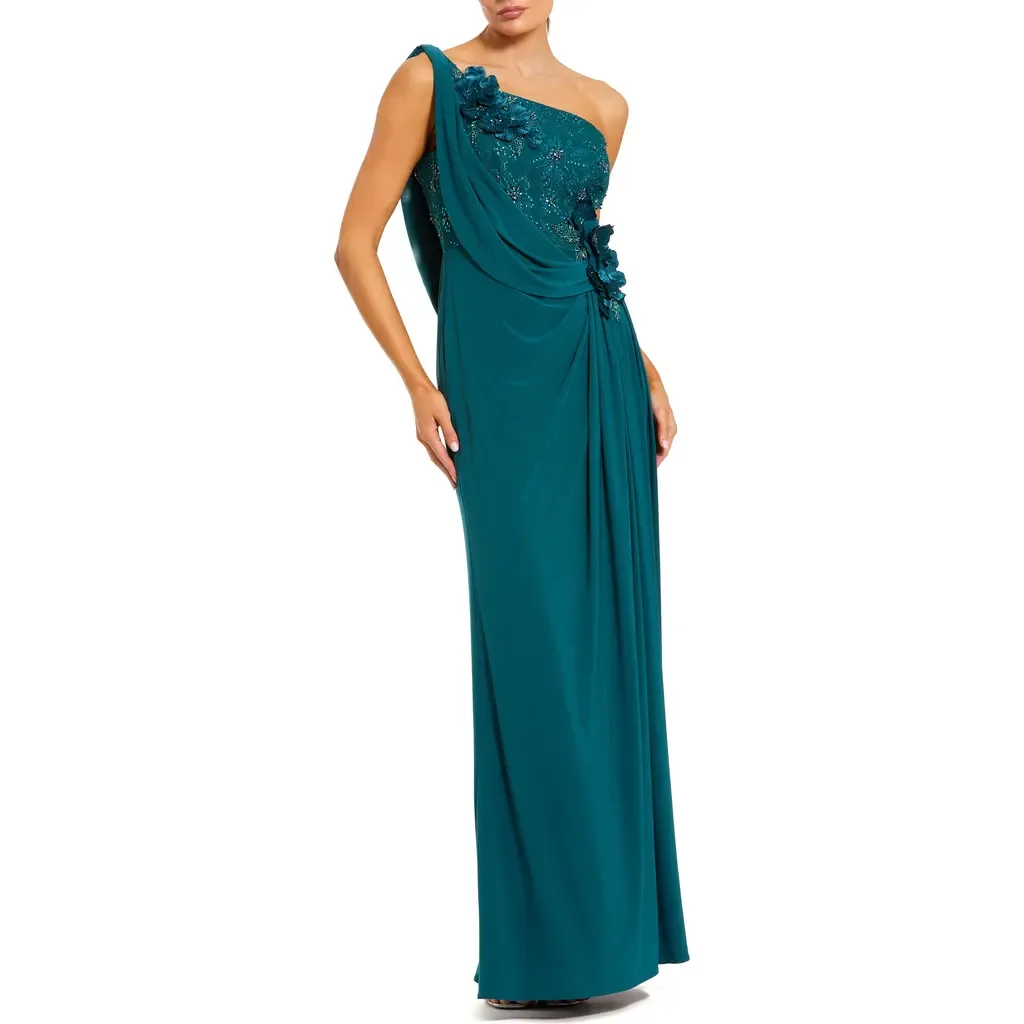 Jersey One Shoulder Cowl Gown with 3D Flowers