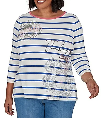Knit Varsity Stripe Floral Placement Scoop Neck 34 Sleeve Tee by Ruby Rd