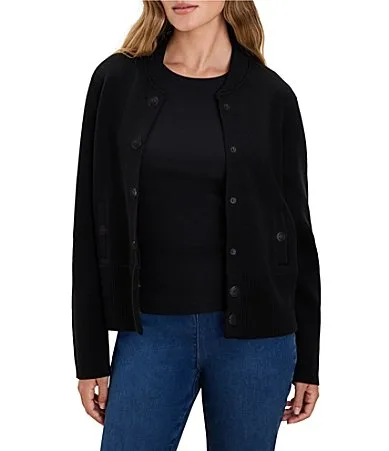 Knit Band Collar Long Sleeve Snap Bomber Jacket by NIC + ZOE