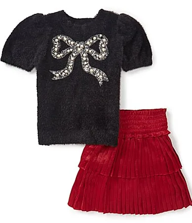 Short Sleeve Bow Embroidered Sweater Ruffle Tier Butter Satin Skort Set by Xtraordinary
