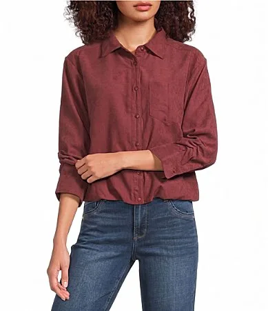 Faux Suede Point Collar 34 Tucked Sleeve Bubble Hem Button Front Shirt by Democracy