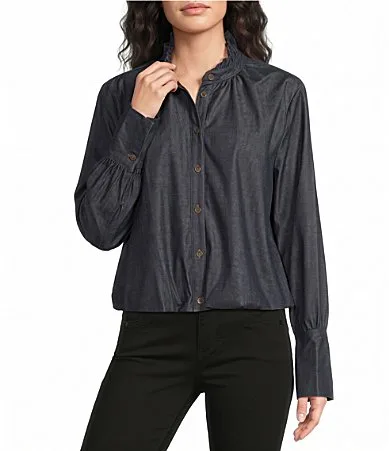 Ruffle Collar Long Sleeve French Cuff Bubble Hem Button Front Shirt by Democracy