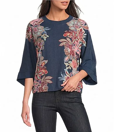 Knit Floral Placement Print Scalloped Scoop Neck 34 Sleeve Top by Democracy