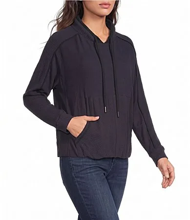 Mixed Media Mock Neck Tie Front Long Sleeve Bubble Hem Top by Democracy