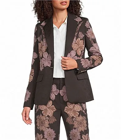 Jacquard Placed Floral Mosaic Print Notch Lapel Long Sleeve Coordinating Blazer by Karl Lagerfeld