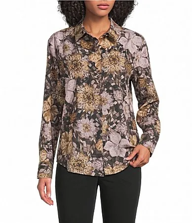 Woven Silky Crepe All Over Floral Print Point Collar Long Sleeve Shirt by Karl Lagerfeld
