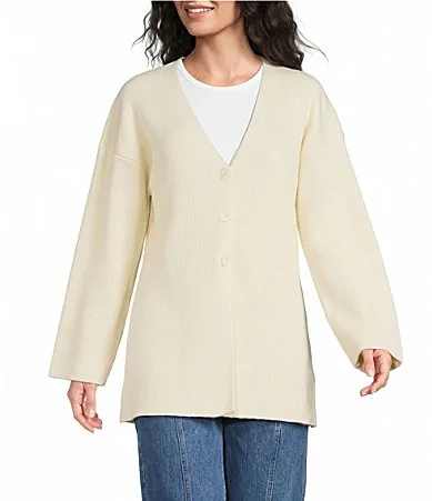 Olive V-Neck Long Sleeve Button Front Sweater Knit Cardigan Top by Aren