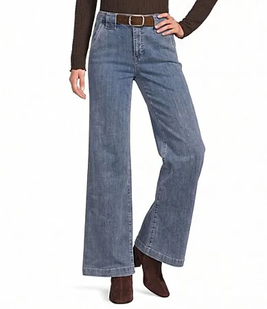 Denim Mid Rise Wide Leg Full Length Belted Jeans