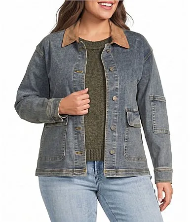 Denim Suede Point Collar Long Sleeve Button Front Jacket by City Blues