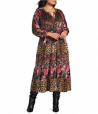 Knit Mixed Print Split V Neck Long Sleeve A-Line Midi Dress by Calessa
