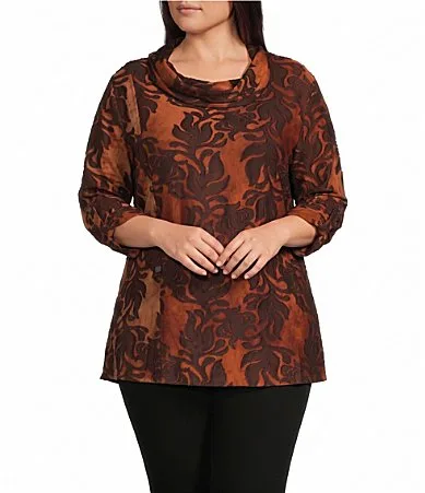 Knit Burnout Tie Dye Cowl Neck 3/4 Roll-Tab Sleeve Tunic by Calessa