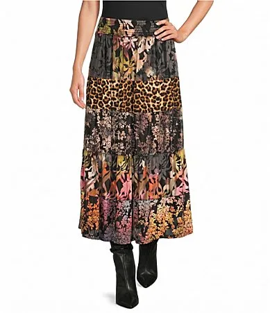 Knit Multi Print Smocked Waist A-Line Maxi Skirt