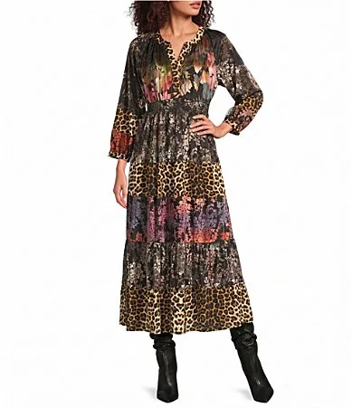 Knit Mixed Print V-Neck Long Sleeve A-Line Midi Dress by Calessa