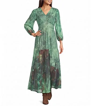 Knit Mixed Print V-Neck 3/4 Sleeve A-Line Maxi Dress by Calessa