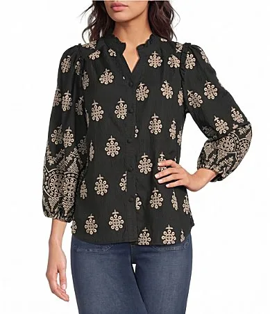 Woven Embroidered All Over Floral Stand Ruffle Collar Bracelet Length Cuffed Sleeve Button Front Shirt by Calessa