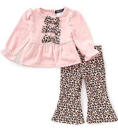 Long Sleeve Leopard Print Bow Detail Tunic Top & Leopard Print Flare Leggings Set by Rare Editions