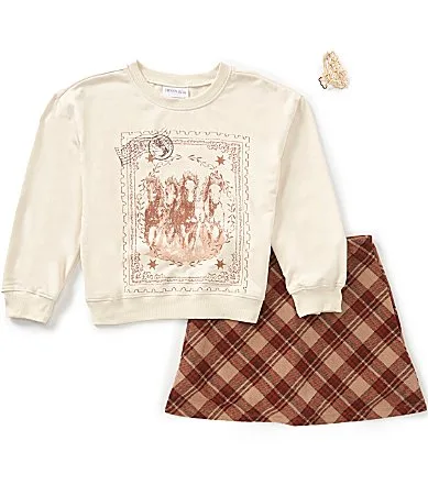 Long-Sleeve Horse Screenprint Sweatshirt & Plaid Skort Set by Tween Diva