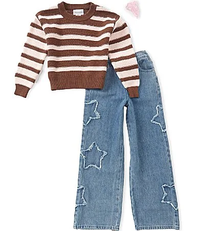 Short-Sleeve Striped Knit Top & Star Applique Jeans Set by Rare Editions