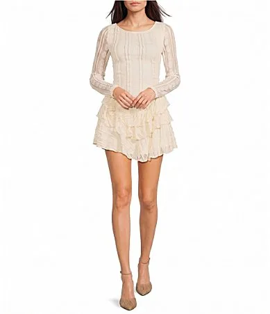 Patterned Lace Long Sleeve Drop Waist Tiered Ruffle Dress