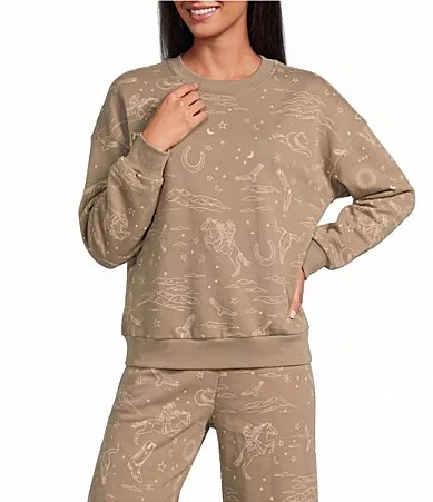 Western Tonal Print Long Sleeve Crew Neck Brushed Fleece Pullover by PJ Salvage