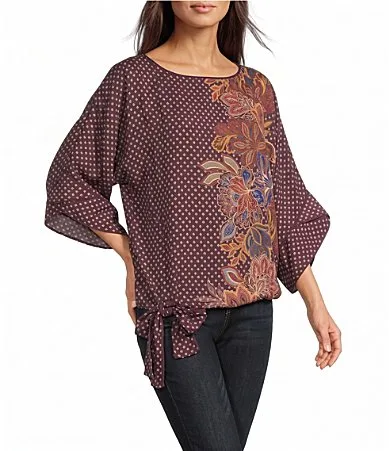 Woven Polka Dot Floral Boat Neck 34 Dolman Sleeve Self Bow Tie Top by Democracy