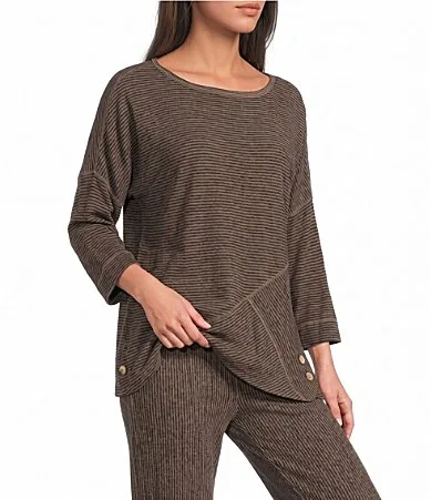 Coordinating Knit Tan Dye Stripe Boat Neck Long Sleeve Top by Ali Miles