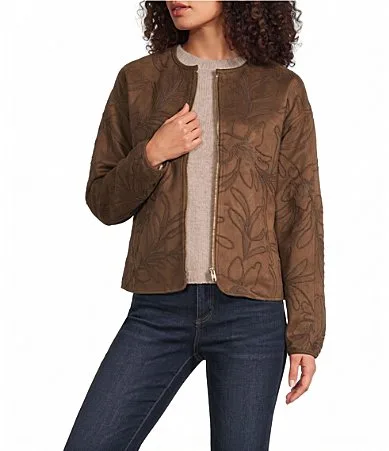Embroidered Faux Suede Crew Neck Long Sleeve Bomber Jacket by Charlie B