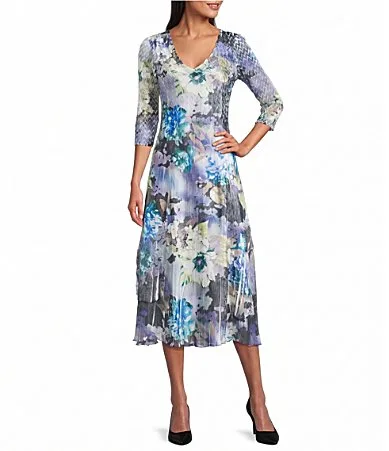 34 Sleeve Lace Charmeuse Printed Dress by Komarov