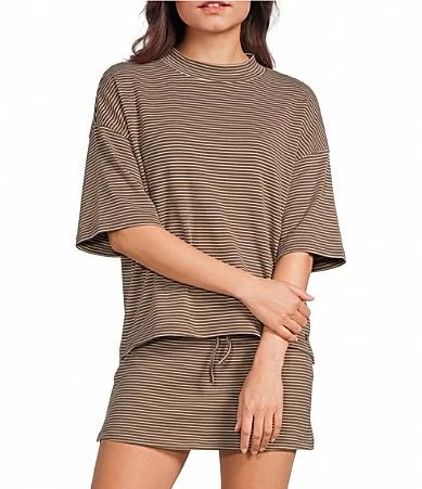 Striped Mock Neck Short Sleeve Top by Le Lis