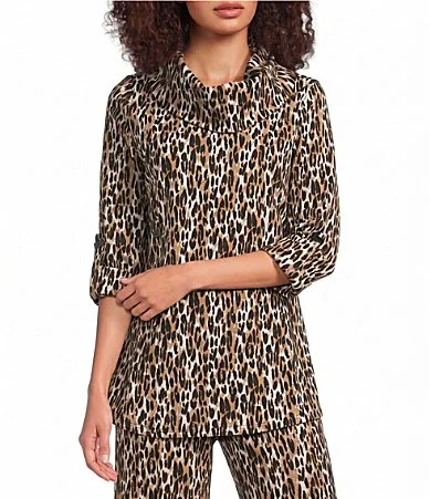 Knit Leopard Cowl Neck 34 Roll-Tab Sleeve Tunic by Calessa