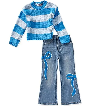Long Sleeve Stripe Sweater Wraparound Bow Applique Jeans Set by Rarity