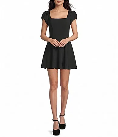 Scuba Crepe Square Neck Puff Sleeve Twist Back Dress by Dear Moon