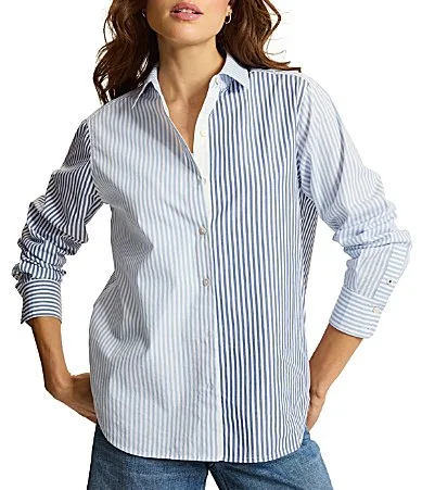 Bay Breeze Woven Blocked Stripe Point Collar Long Sleeve Shirt by Tommy Bahama