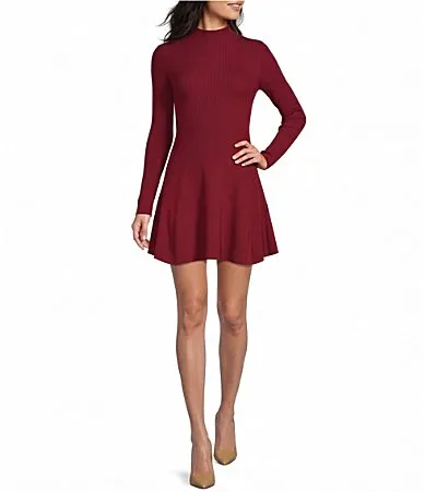 Mock Neck Long Sleeve Flared Sweater Dress by Blu Pepper