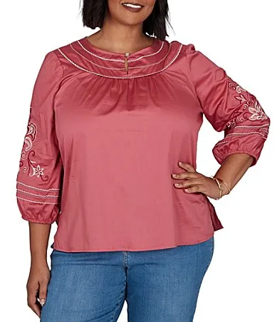 Cotton Voile Embroidered Round Neck 3/4 Sleeve Top by Ruby Rd