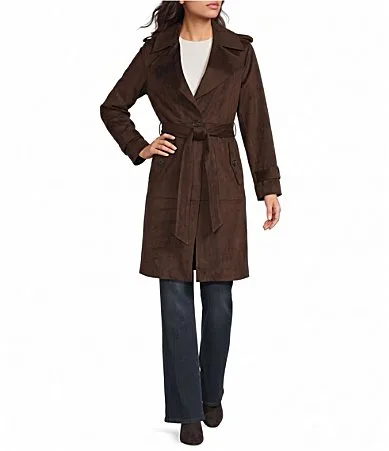 Faux Suede Oversize Notch Collar Belted Trench Coat by MICHAEL Michael Kors