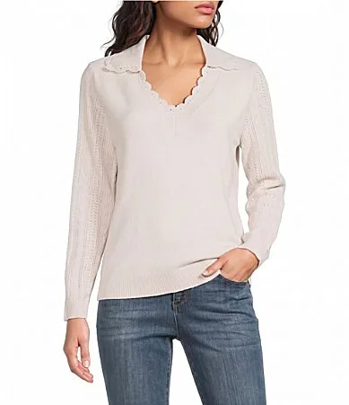 Scalloped Crochet Collar V-Neck Long Sleeve Sweater by Democracy
